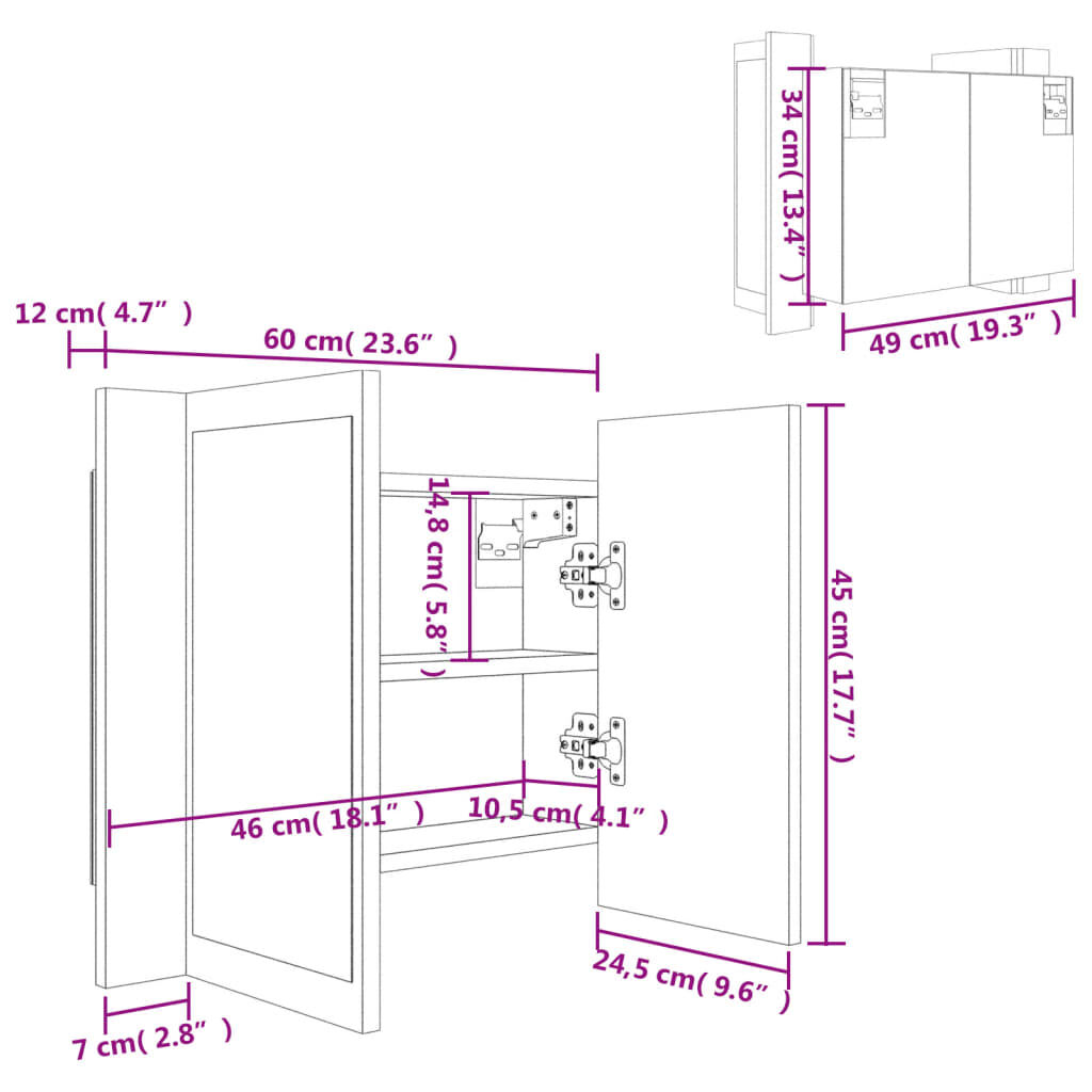 vidaXL Καθρέφτης Μπάνιου με Ντουλάπι LED Μαύρος 60x12x45 εκ. Ακρυλικός