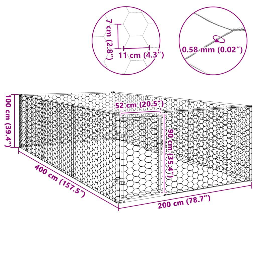 vidaXL Κλουβί Σκύλου Εξωτερ. Χώρου με πόρτα 2x4x1 μ. Γαλβαν. Ατσάλι