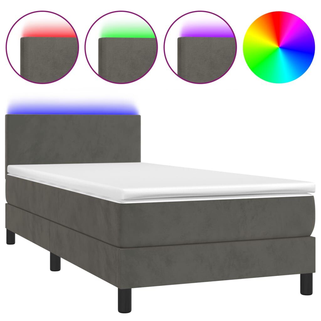 vidaXL Κρεβάτι Boxspring με Στρώμα & LED Σκ. Γκρι 90x190 εκ. Βελούδινο