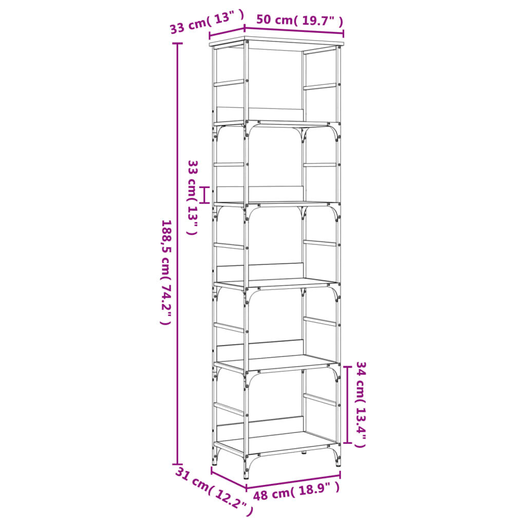 vidaXL Βιβλιοθήκη Καφέ Δρυς 50 x 33 x 188,5 εκ. Επεξεργασμένο Ξύλο