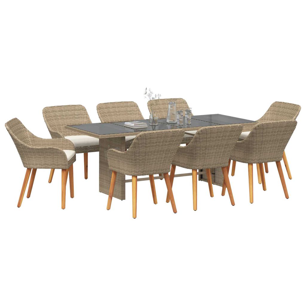 vidaXL Σέτ φαγητού για κήπο με μαξιλάρι 9 pcs Μπεζ συνθετικό ρατάν