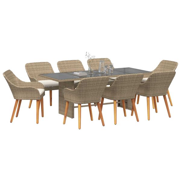 vidaXL Σέτ φαγητού για κήπο με μαξιλάρι 9 pcs Μπεζ συνθετικό ρατάν