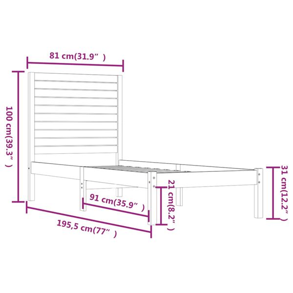 vidaXL Πλαίσιο Κρεβατιού 75 x 190 εκ. από Μασίφ Ξύλο Small Single