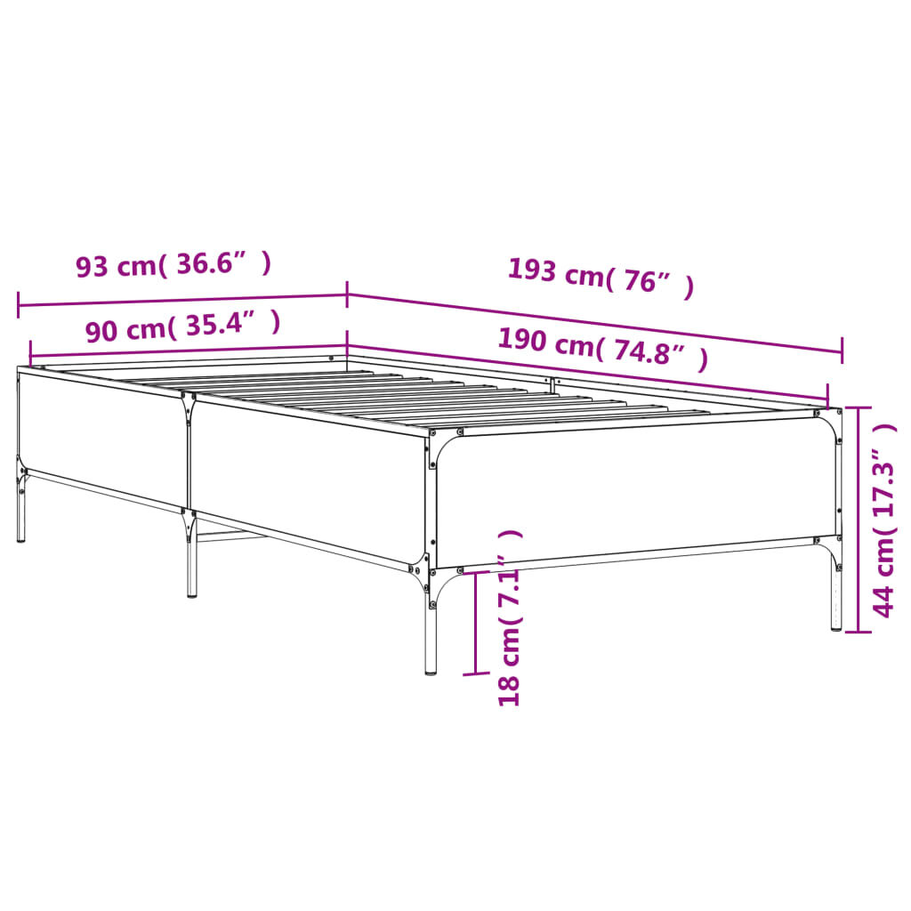 vidaXL Πλαίσιο Κρεβατιού Sonoma Δρυς 90 x 190 εκ. Επεξ. Ξύλο & Μέταλλο