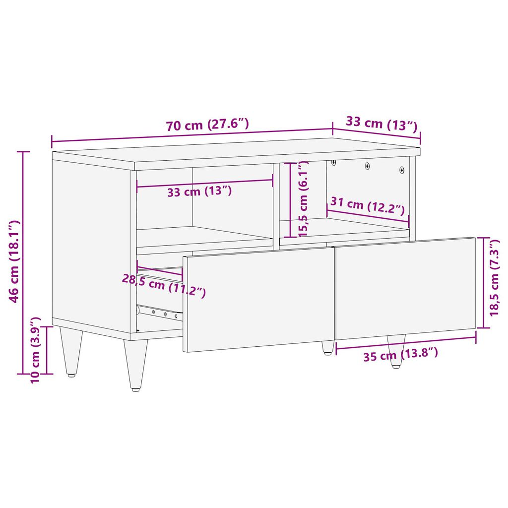 vidaXL Ντουλάπι Τηλεόρασης 70x33x46 εκ. Κατασκευασμένο από Μασίφ Ξύλο Μάνγκο