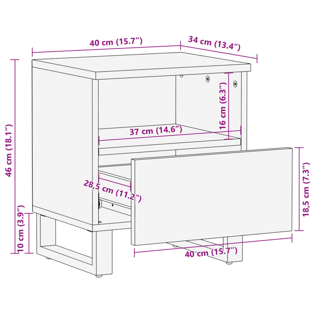 vidaXL Κομοδίνο 40 x 34 x 46 εκ. από Μασίφ Ακατέργαστο Ξύλο Μάνγκο