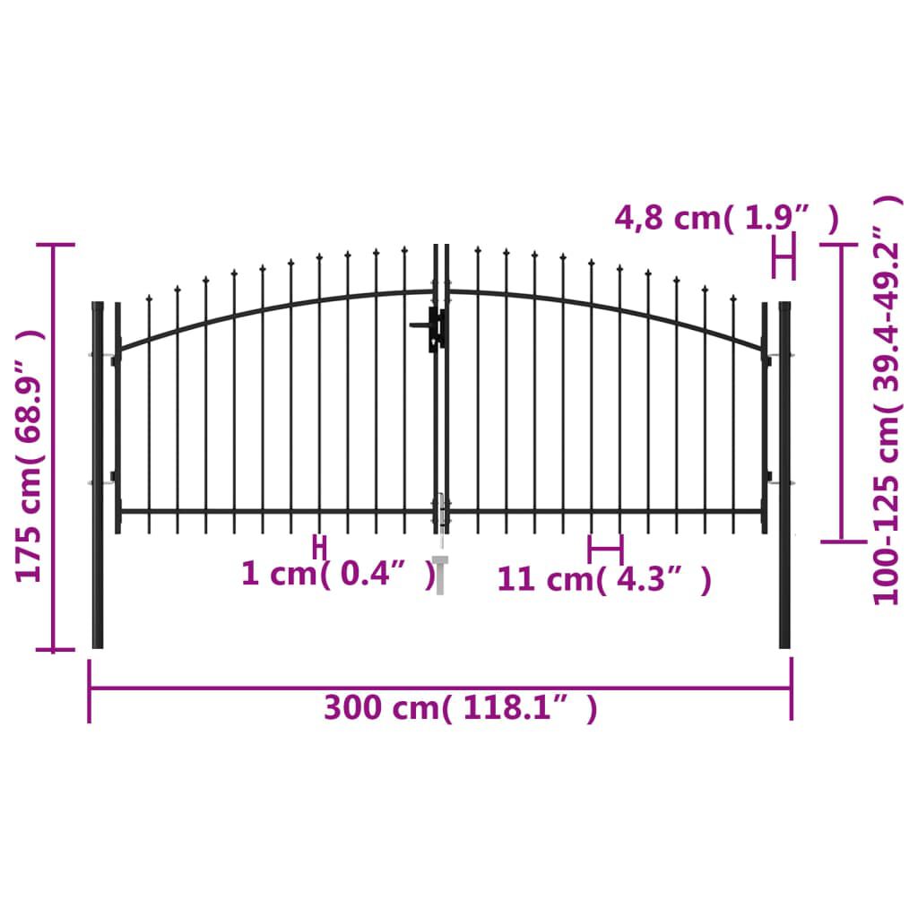 vidaXL Καγκελόπορτα Διπλή με Ακίδες Μαύρη 3 x 1,25 μ. Ατσάλινη