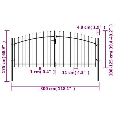 vidaXL Καγκελόπορτα Διπλή με Ακίδες Μαύρη 3 x 1,25 μ. Ατσάλινη