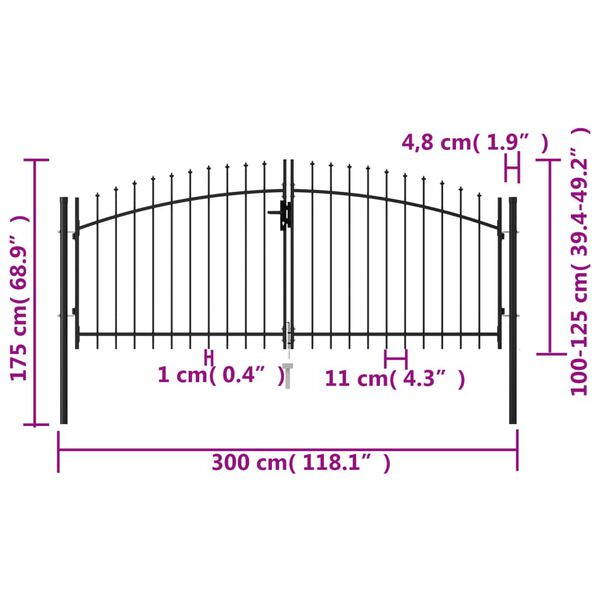 vidaXL Καγκελόπορτα Διπλή με Ακίδες Μαύρη 3 x 1,25 μ. Ατσάλινη
