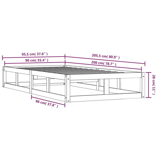 vidaXL Πλαίσιο Κρεβατιού Λευκό 90 x 200 εκ. από Μασίφ Ξύλο