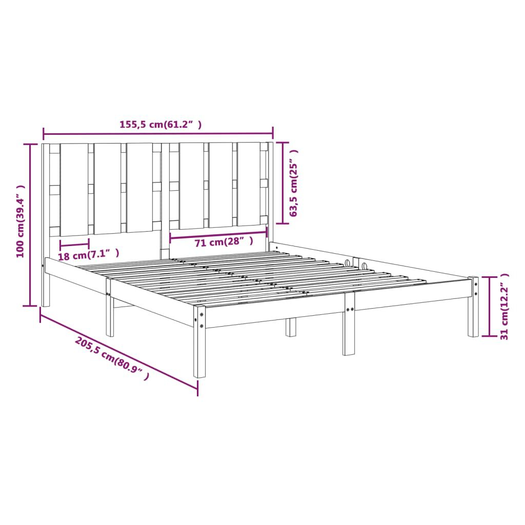 vidaXL Πλαίσιο Κρεβατιού Γκρι 150 x 200 εκ. Μασίφ Ξύλο King Size