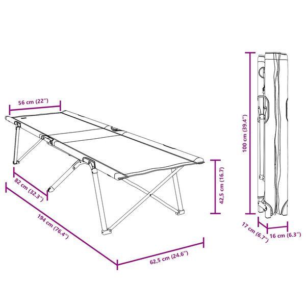 vidaXL Αναδιπλούμενο Κρεβάτι Κάμπινγκ Γκρι 62 x 194 x 42 εκ.