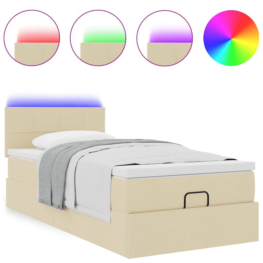vidaXL Οθωμανικό κρεβάτι με στρώμα & LEDs Cream 100x200 cm Ύφασμα