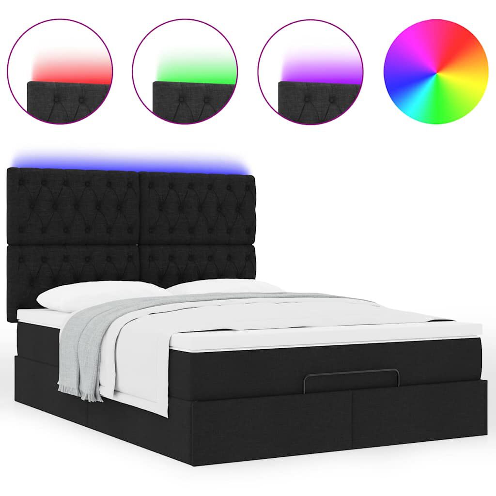 vidaXL Οθωμανικό κρεβάτι με στρώμα & LEDs Μαύρο 140x200 cm Ύφασμα
