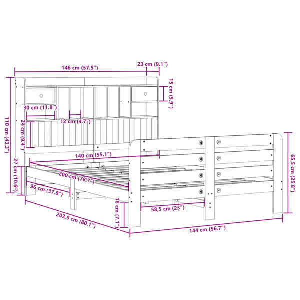 vidaXL Κρεβάτι Βιβλιοθήκη Χωρίς Στρώμα 140x200 εκ Μασίφ Ξύλο Πεύκου