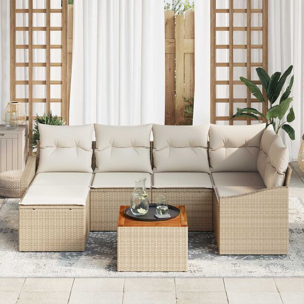 vidaXL Σετ Καναπέ Κήπου με μαξιλάρι 7 pcs Μπεζ Πολυ ράταν