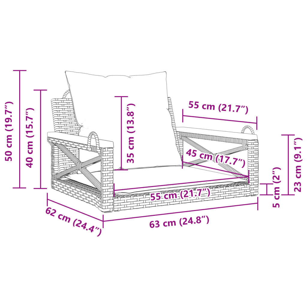 vidaXL Παγκάκι Κούνια Γκρι 63x62x40 εκ. Συνθετικό Ρατάν με Μαξιλάρια