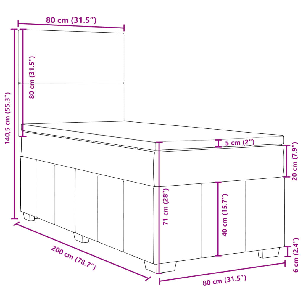 vidaXL Κρεβάτι Boxspring με Στρώμα Μαύρο 80 x 200 εκ. Υφασμάτινο