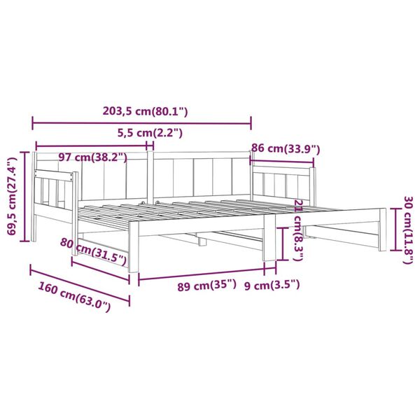 vidaXL Καναπές Κρεβάτι Συρόμενος 2x(80x200) εκ. από Μασίφ Ξύλο Πεύκου
