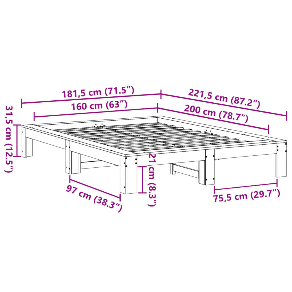 vidaXL Σκελετός Κρεβατιού Χωρίς Στρώμα 160x200 εκ Μασίφ Ξύλο Πεύκου