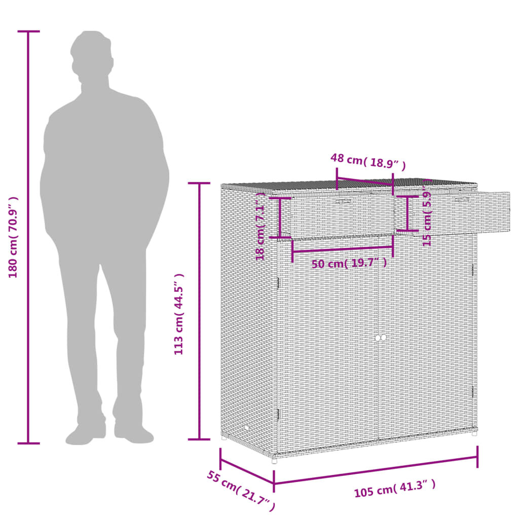 vidaXL Ντουλάπι Αποθήκευσης Κήπου Γκρι 105x55x113 εκ. Συνθετικό Ρατάν