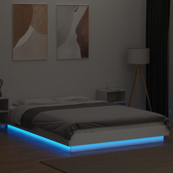 vidaXL Πλαίσιο Κρεβατιού με LED Λευκό 135x190 εκ Επεξεργ. Ξύλο