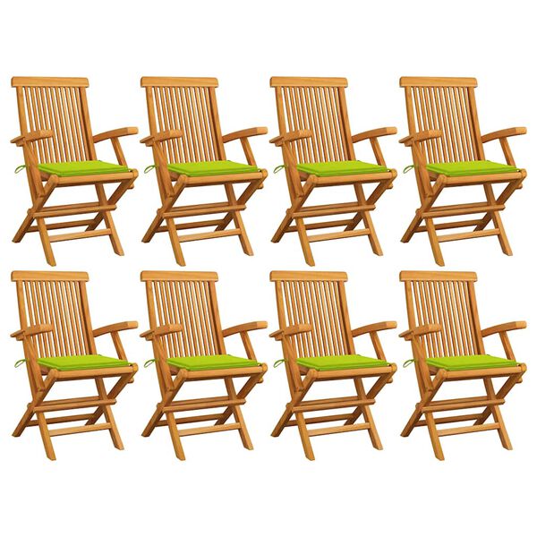 vidaXL Καρέκλες Κήπου 8 τεμ. Μασίφ Ξύλο Teak με Φωτ. Πράσινα Μαξιλάρια