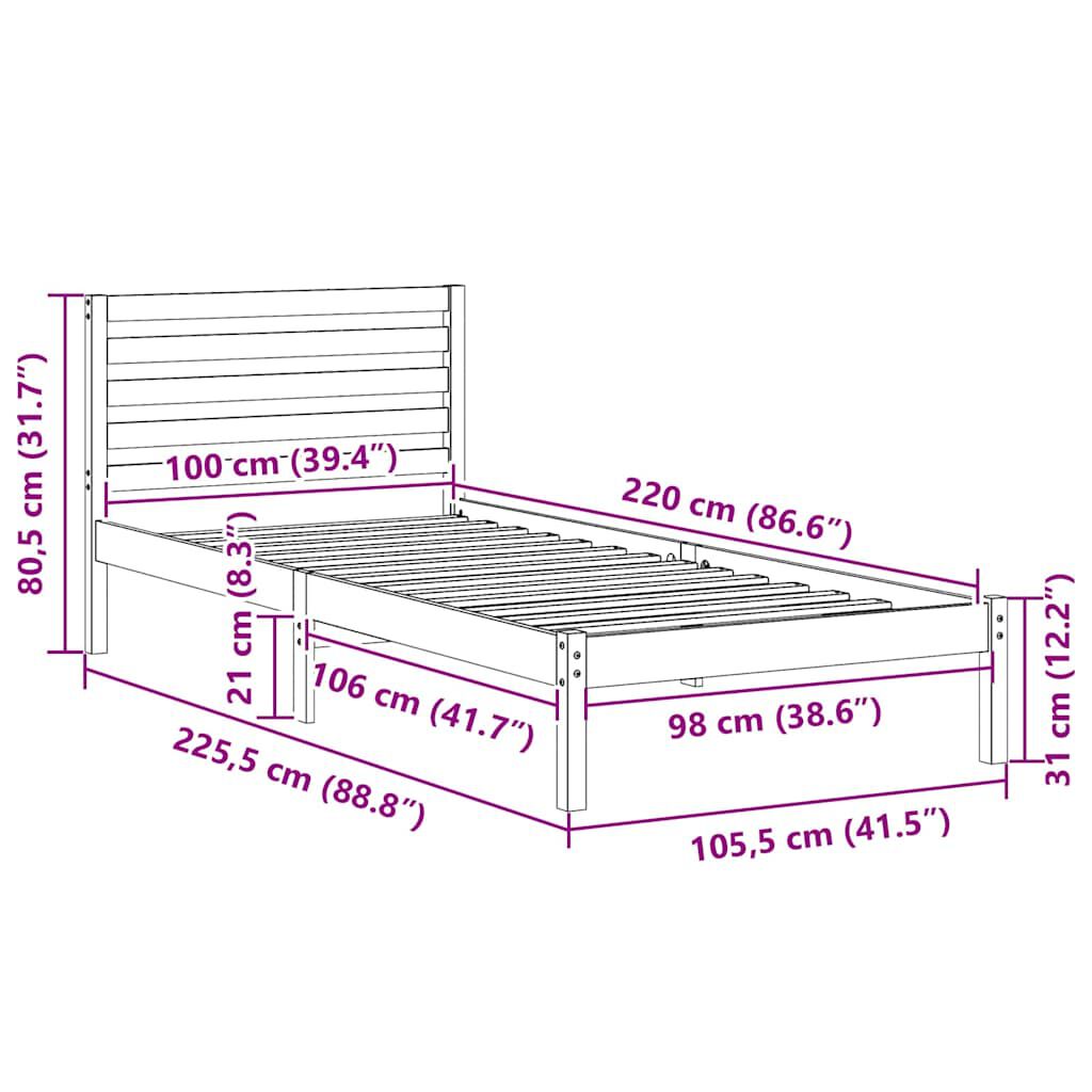 vidaXL Σκελετός Κρεβατιού Καφέ 100 x 220 cm Μασίφ ξύλο πεύκου