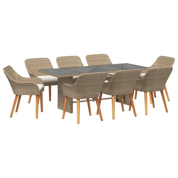vidaXL Σέτ φαγητού για κήπο με μαξιλάρι 9 pcs Μπεζ συνθετικό ρατάν