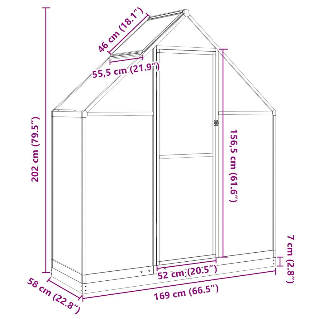 vidaXL Θερμοκήπιο με Πλαίσιο Βάσης Ασημί 169x58x202 εκ. Αλουμίνιο
