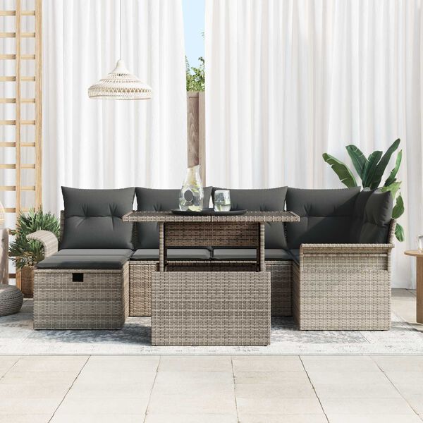 vidaXL Σετ Καναπέ Κήπου με μαξιλάρι 7 pcs Γκρι Πολυ ράταν