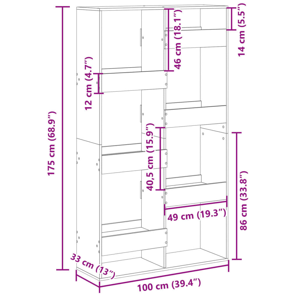 vidaXL Βιβλιοθήκη/Διαχωριστικό Χώρου Γκρι 100x33x175 εκ. Επεξ. Ξύλο