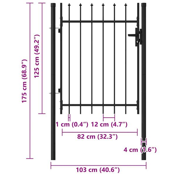 vidaXL Καγκελόπορτα Μονή με Ακίδες Μαύρη 1 x 1,2 μ. Ατσάλινη