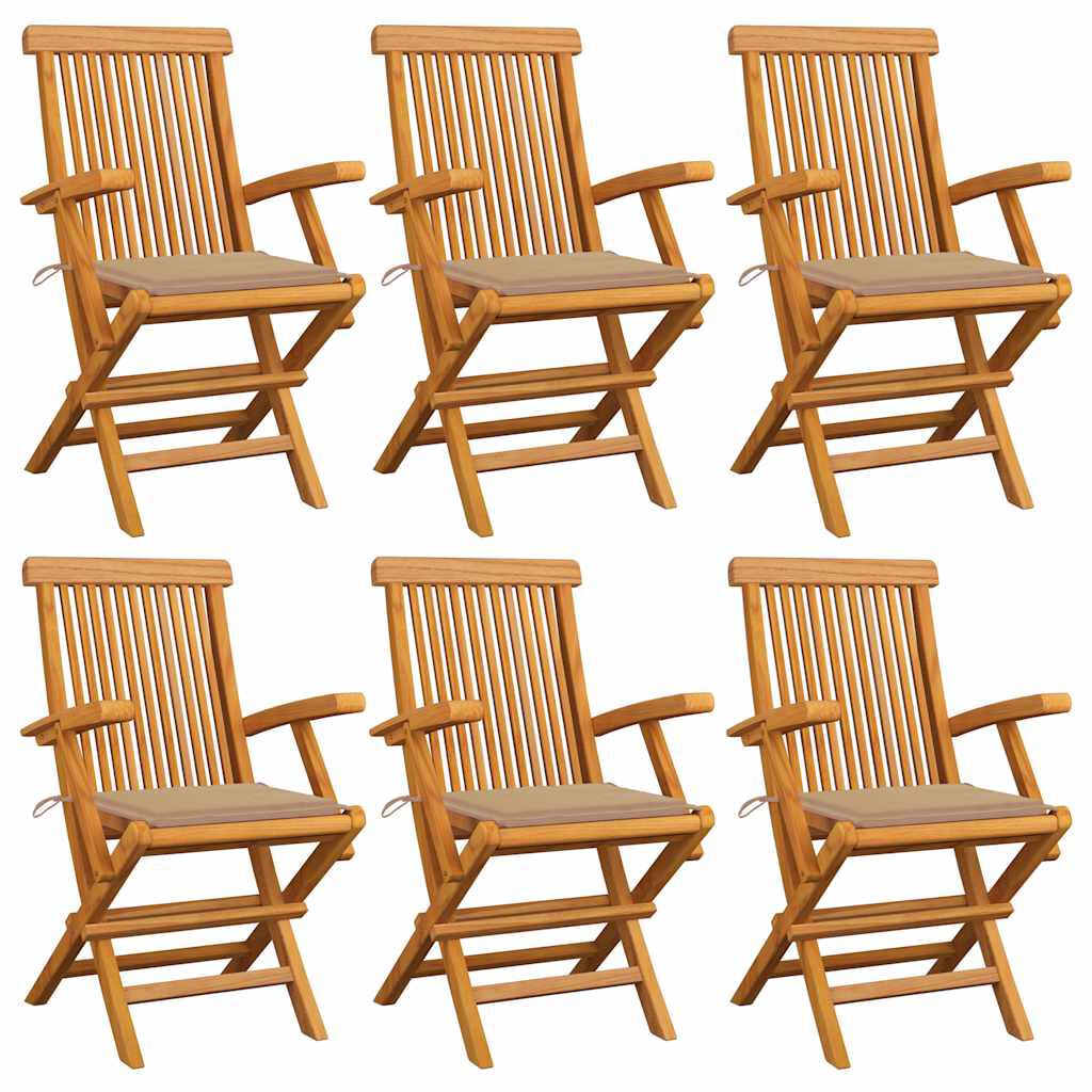 vidaXL Καρέκλες Κήπου 6 τεμ. από Μασίφ Ξύλο Teak με Μπεζ Μαξιλάρια