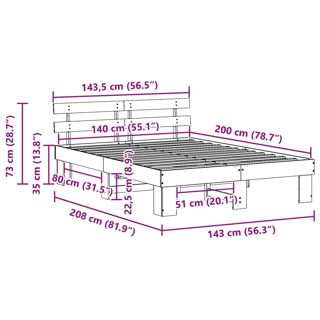 vidaXL Σκελετός Κρεβατιού Καφέ 140 x 200 cm Μασίφ ξύλο πεύκου