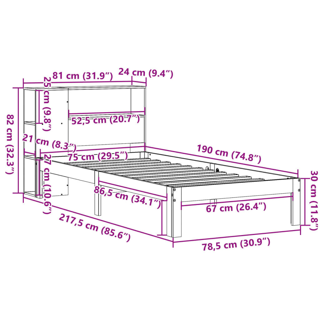 vidaXL Κρεβάτι Βιβλιοθήκη Χωρίς Στρώμα 75x190 εκ Μασίφ Ξύλο Πεύκου