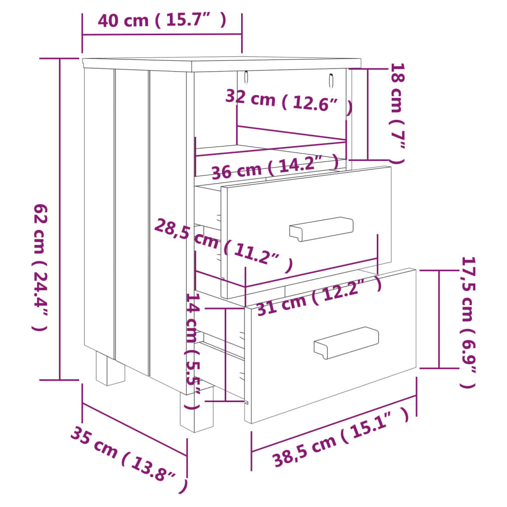 vidaXL Κομοδίνο HAMAR 2 Τεμ. Σκ. Γκρι 40x35x62 εκ. Μασίφ Ξύλο Πεύκου
