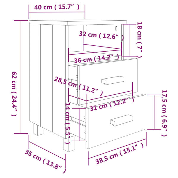 vidaXL Κομοδίνο HAMAR 2 Τεμ. Σκ. Γκρι 40x35x62 εκ. Μασίφ Ξύλο Πεύκου