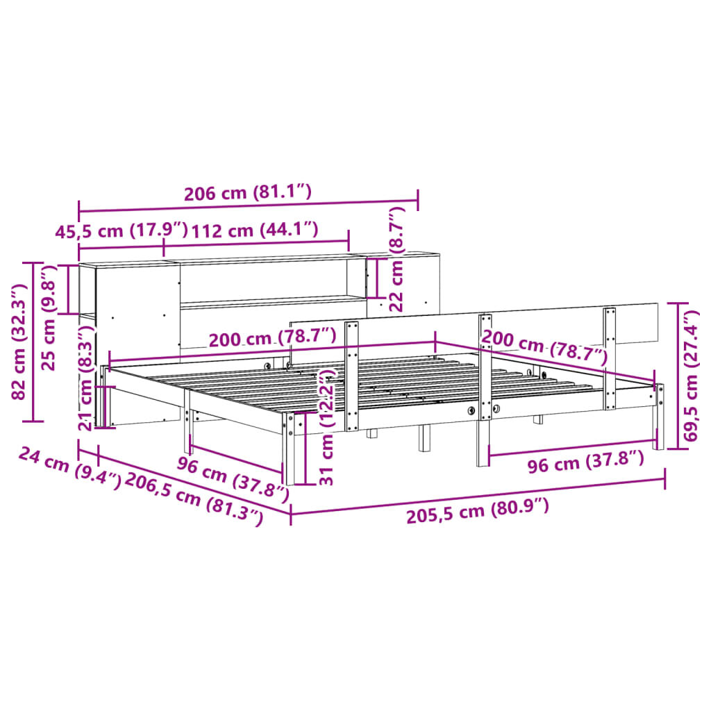 vidaXL Κρεβάτι Βιβλιοθήκη Χωρίς Στρώμα 200x200 εκ Μασίφ Ξύλο Πεύκου