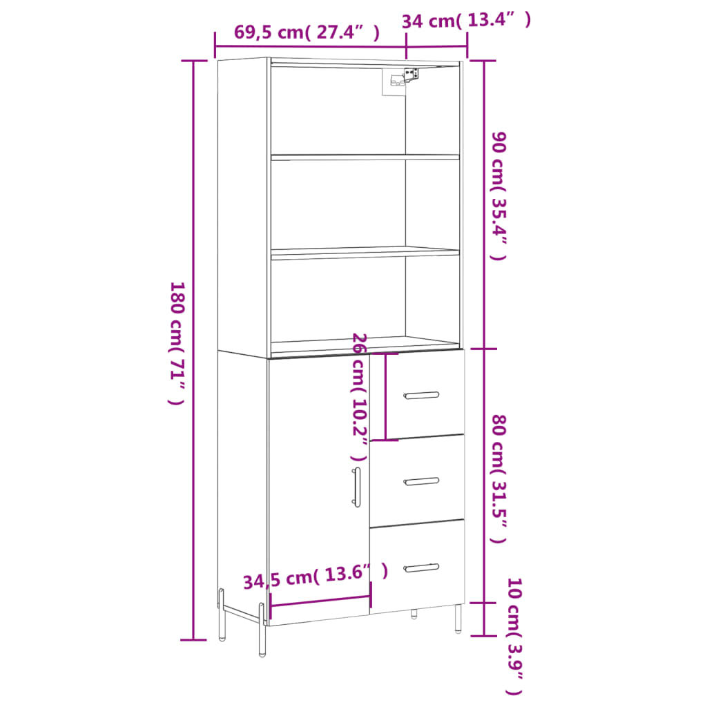 vidaXL Ντουλάπι Καφέ Δρυς 69,5 x 34 x 180 εκ. από Επεξεργασμένο Ξύλο