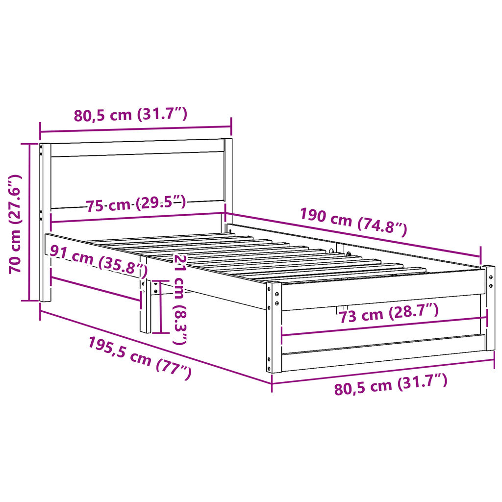 vidaXL Σκελετός Κρεβατιού Καφέ 75 x 190 cm Μασίφ ξύλο πεύκου