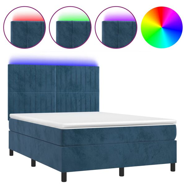 vidaXL Κρεβάτι Boxspring με Στρώμα & LED Σκ. Μπλε 140x200εκ. Βελούδινο