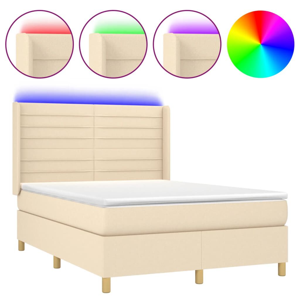 vidaXL Κρεβάτι Boxspring με Στρώμα & LED Κρεμ 140x190 εκ. Υφασμάτινο