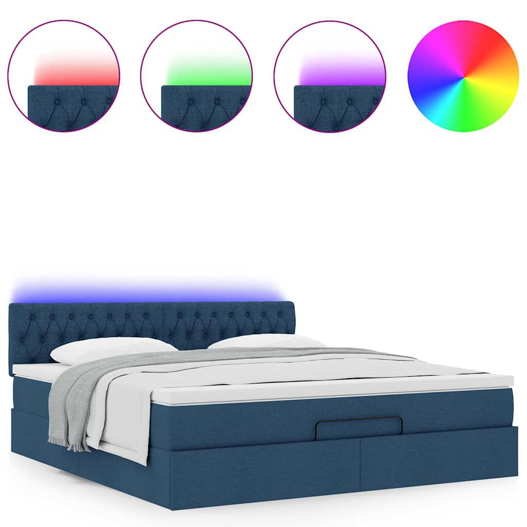 vidaXL Οθωμανικό κρεβάτι με στρώμα & LEDs Μπλε 180x200cm ύφασμα