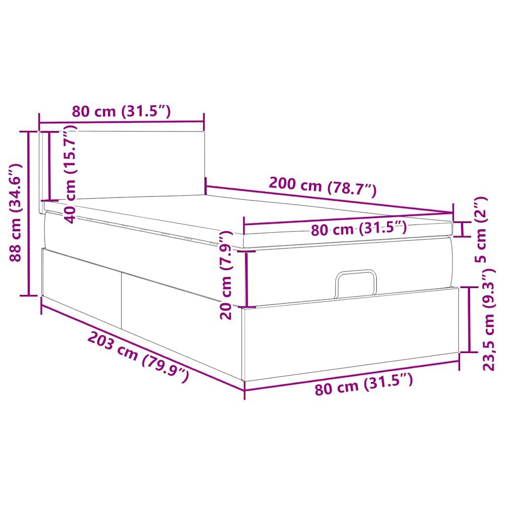 vidaXL Οθωμανικό κρεβάτι με στρώμα & LEDs Ανοιχτό γκρι 80x200cm ύφασμα