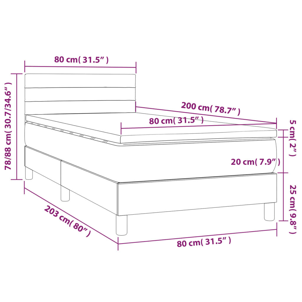 vidaXL Κρεβάτι Boxspring με Στρώμα & LED Μαύρο 80x200 εκ. Βελούδινο