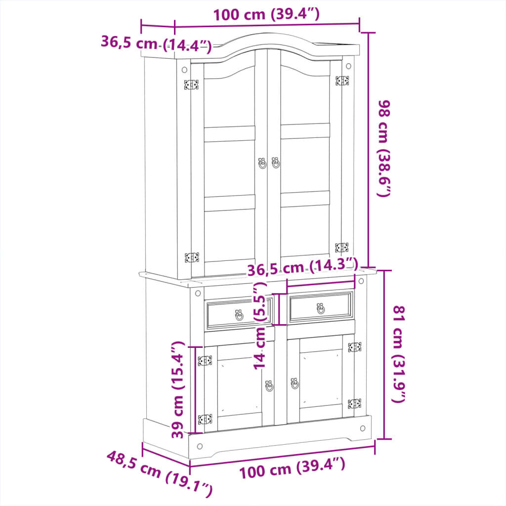 vidaXL Βιτρίνα Corona 100 x 48,5 x 179 εκ. από Μασίφ Ξύλο Πεύκου