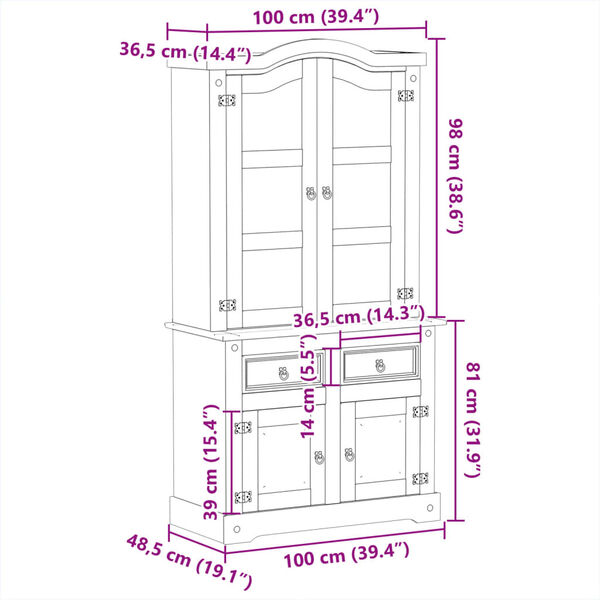 vidaXL Βιτρίνα Corona 100 x 48,5 x 179 εκ. από Μασίφ Ξύλο Πεύκου