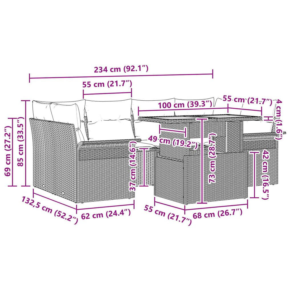 vidaXL Σετ Καναπέ Κήπου με μαξιλάρι 7 pcs Μαύρο 100 x 55 x 73 εκ