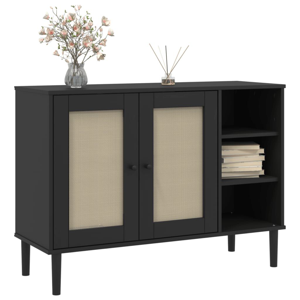 vidaXL Μπουφές SENJA Μαύρο / Ρατάν 112 x 40 x 80 εκ. Μασίφ Ξύλο Πεύκου